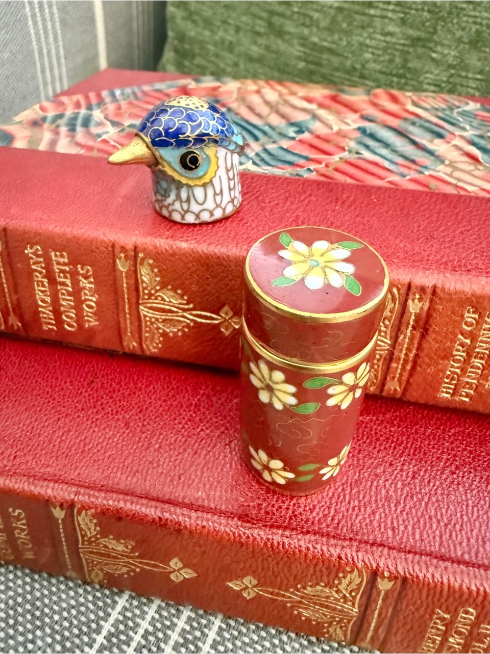 Vintage Cloisonné Floral Pill Box & Bird Thimble Set - Sewing Notions